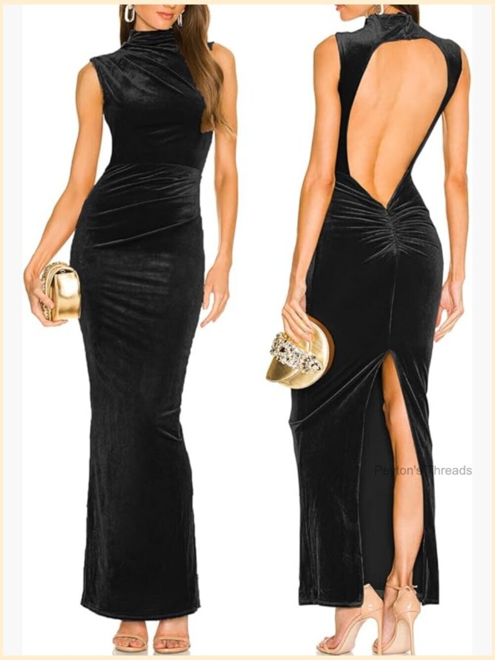 Women's Velvet Maxi Dress Backless High Slit Ruched Bodycon Formal